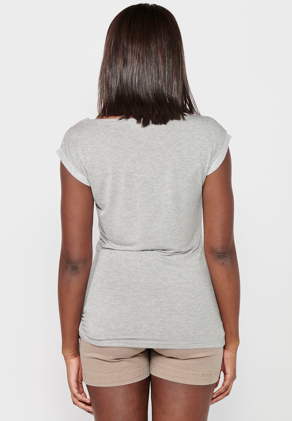 Long T-shirt with one side wrinkled with short-sleeved ribbon with detail and front print in Gray for Women 5