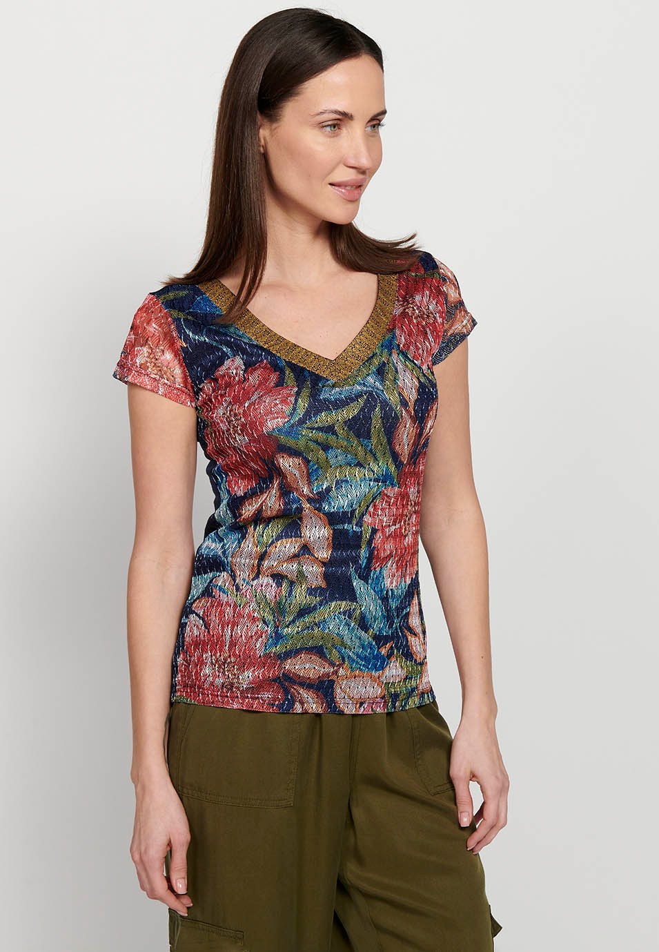 Damen-T-Shirt mit mehrfarbigem Blumendruck, V-Ausschnitt und kurzen Ärmeln