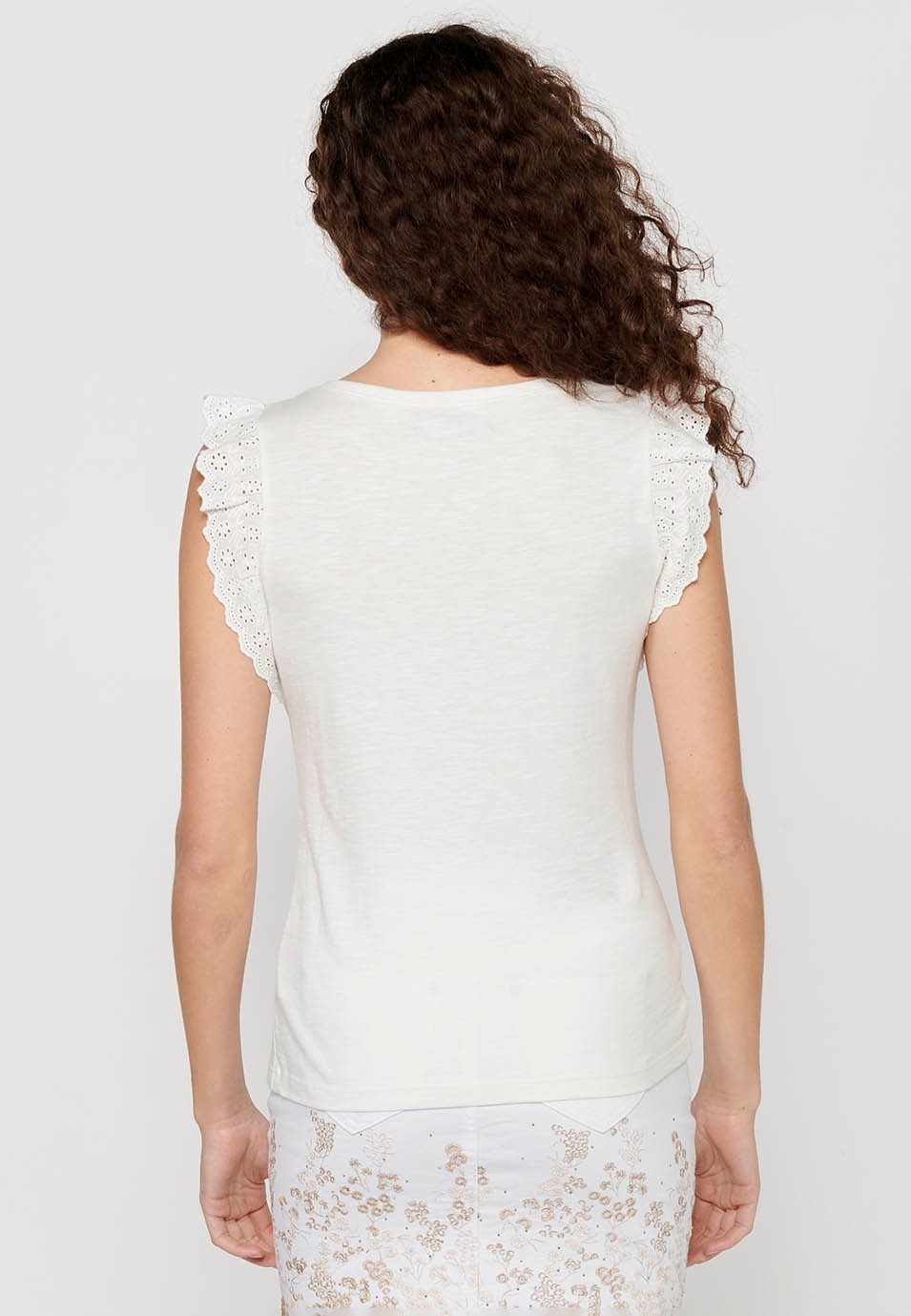 Camiseta sin mangas Top de Algodón con Volantes en los hombros y Detalle delantero de Color Blanco para Mujer 1