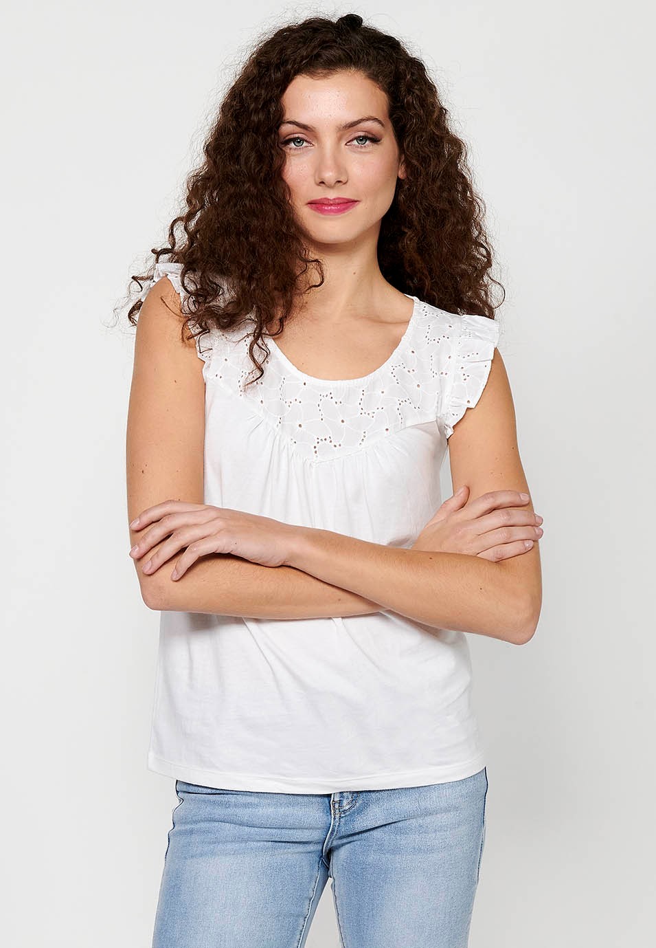 Camiseta de manga corta de Cuello redondo con Volante en los hombros de Color Blanco para Mujer 1