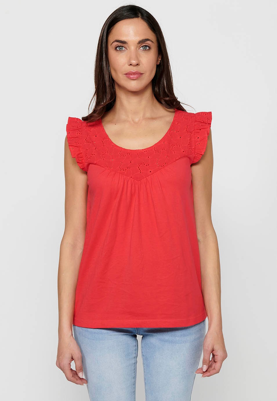 Camiseta de manga corta de Cuello redondo con Volante en los hombros de Color Coral para Mujer
