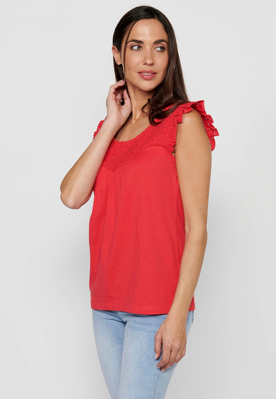 Camiseta de manga corta de Cuello redondo con Volante en los hombros de Color Coral para Mujer