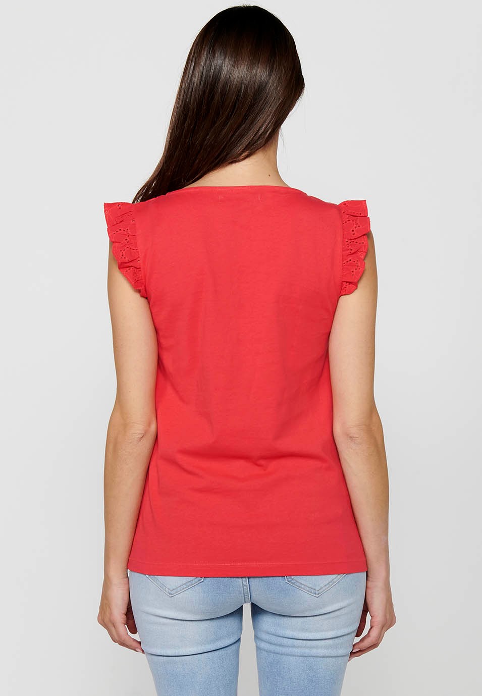 Damen-T-Shirt in Korallenfarbe mit kurzen Ärmeln, Rundhalsausschnitt und Rüschen an der Schulter
