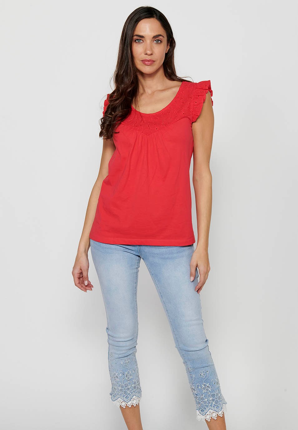 Women's Coral Color Short Sleeve Round Neck Ruffle Shoulder T-shirt