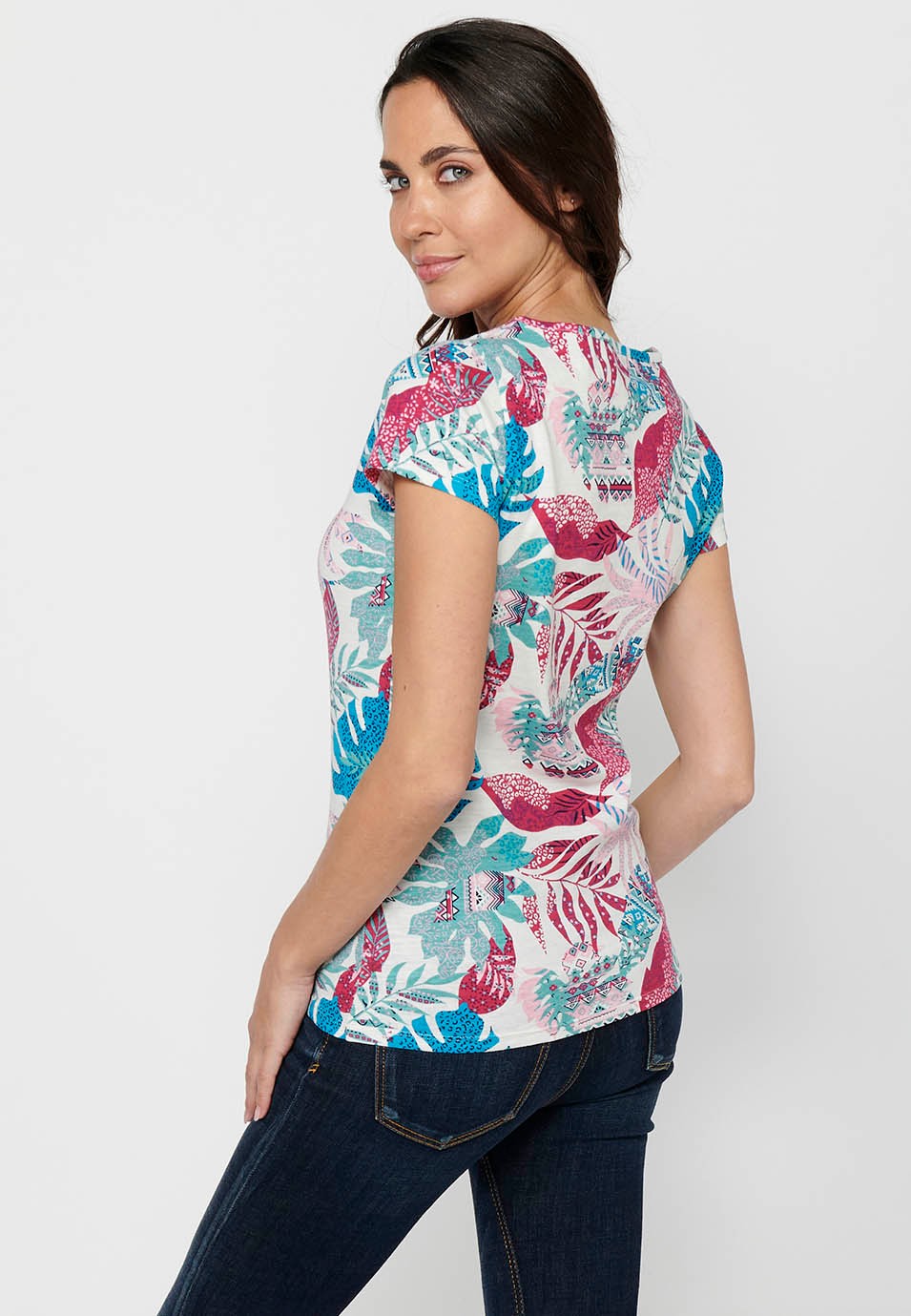 Short-sleeved Cotton T-shirt with V-neckline with buttons and Multicolor Tropical Print for Women 9