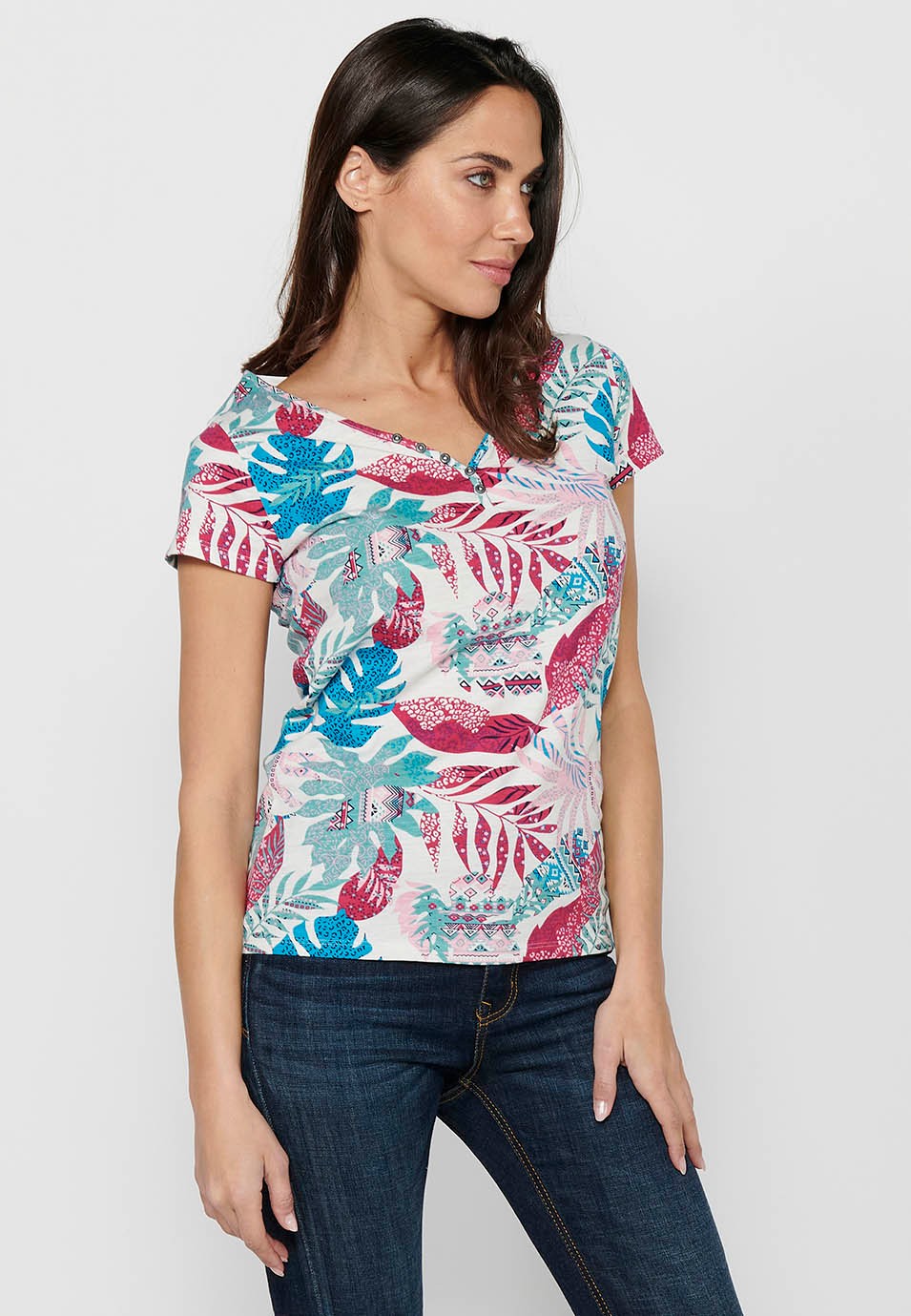 Short-sleeved Cotton T-shirt with V-neckline with buttons and Multicolor Tropical Print for Women