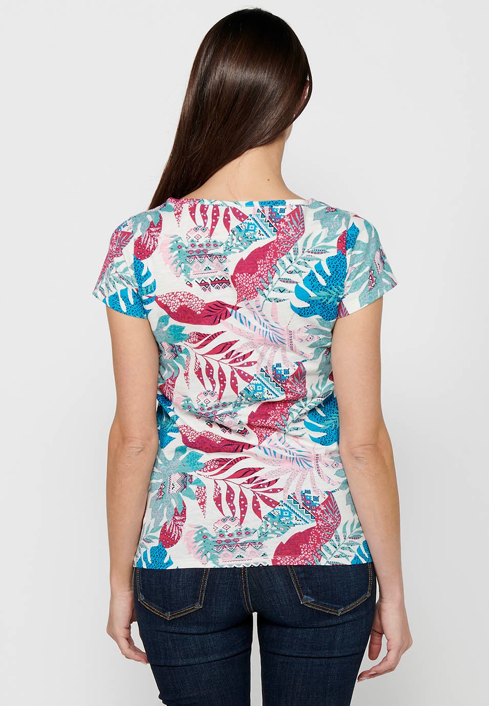 Short-sleeved Cotton T-shirt with V-neckline with buttons and Multicolor Tropical Print for Women 8