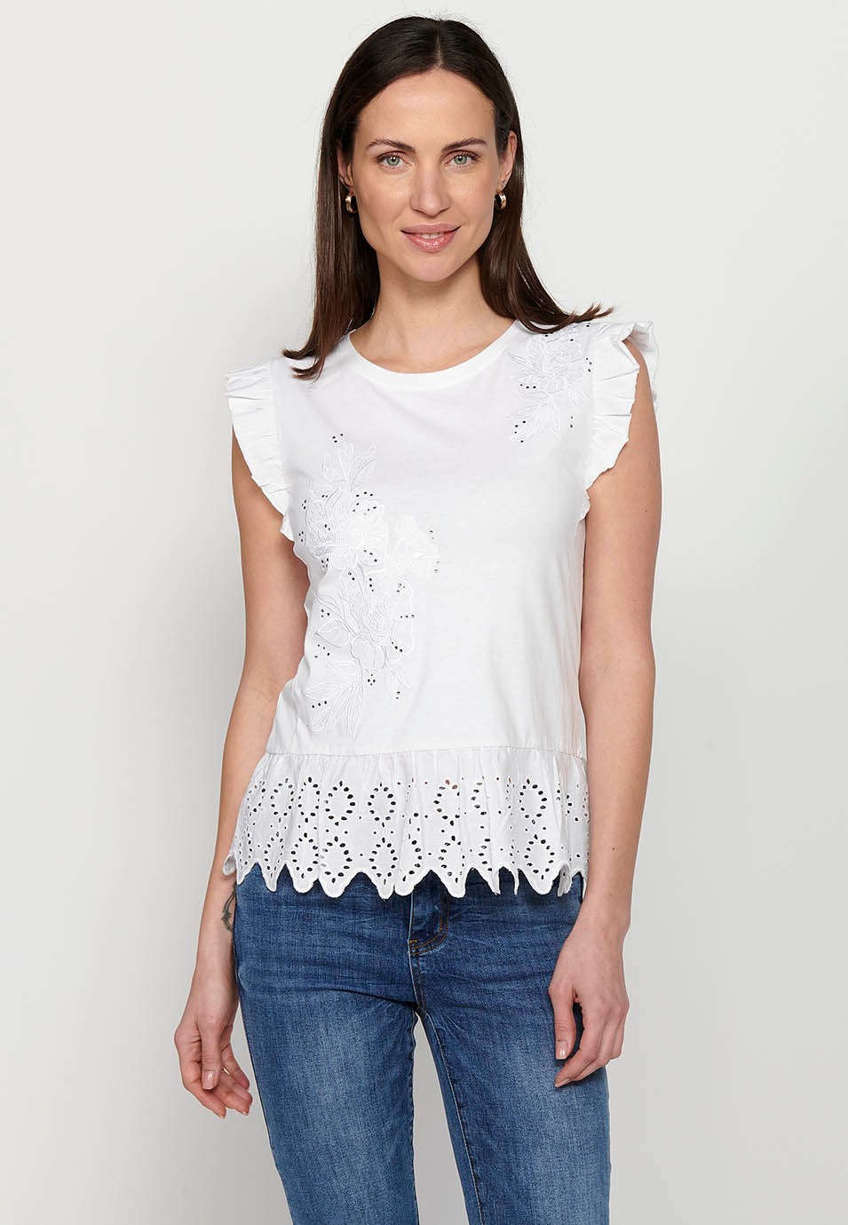 Women's White Embroidered Short Sleeve Top