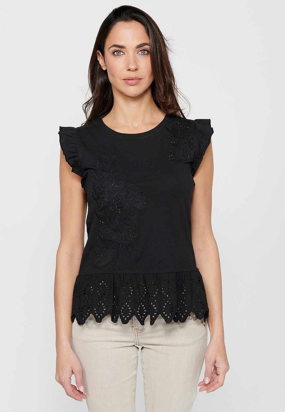 Women's Black Embroidered Short Sleeve Top 3