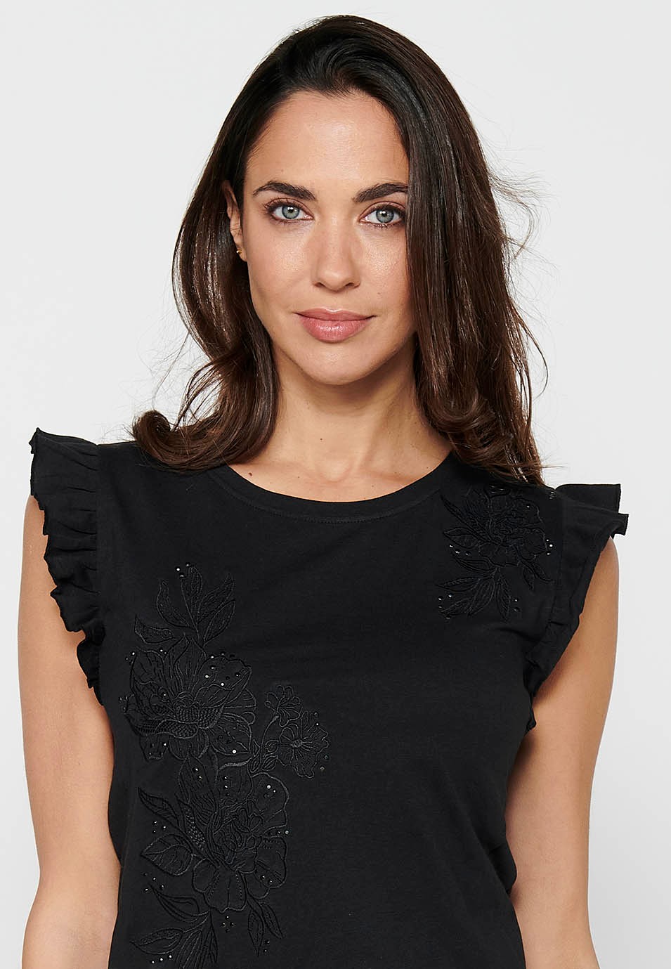 Top de manga corta bordada, color negro para mujer 5