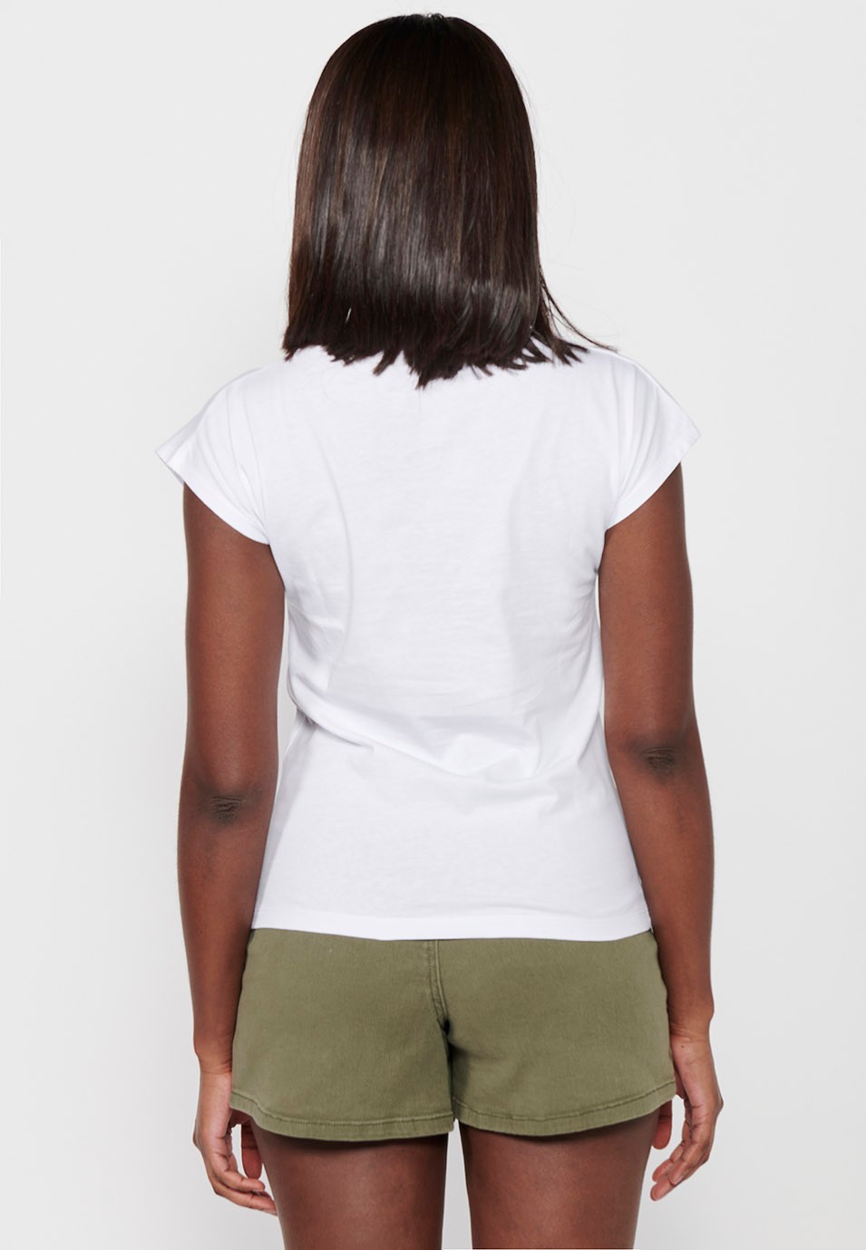 Short-sleeved Cotton T-shirt with Round Neck and White Front Print for Women