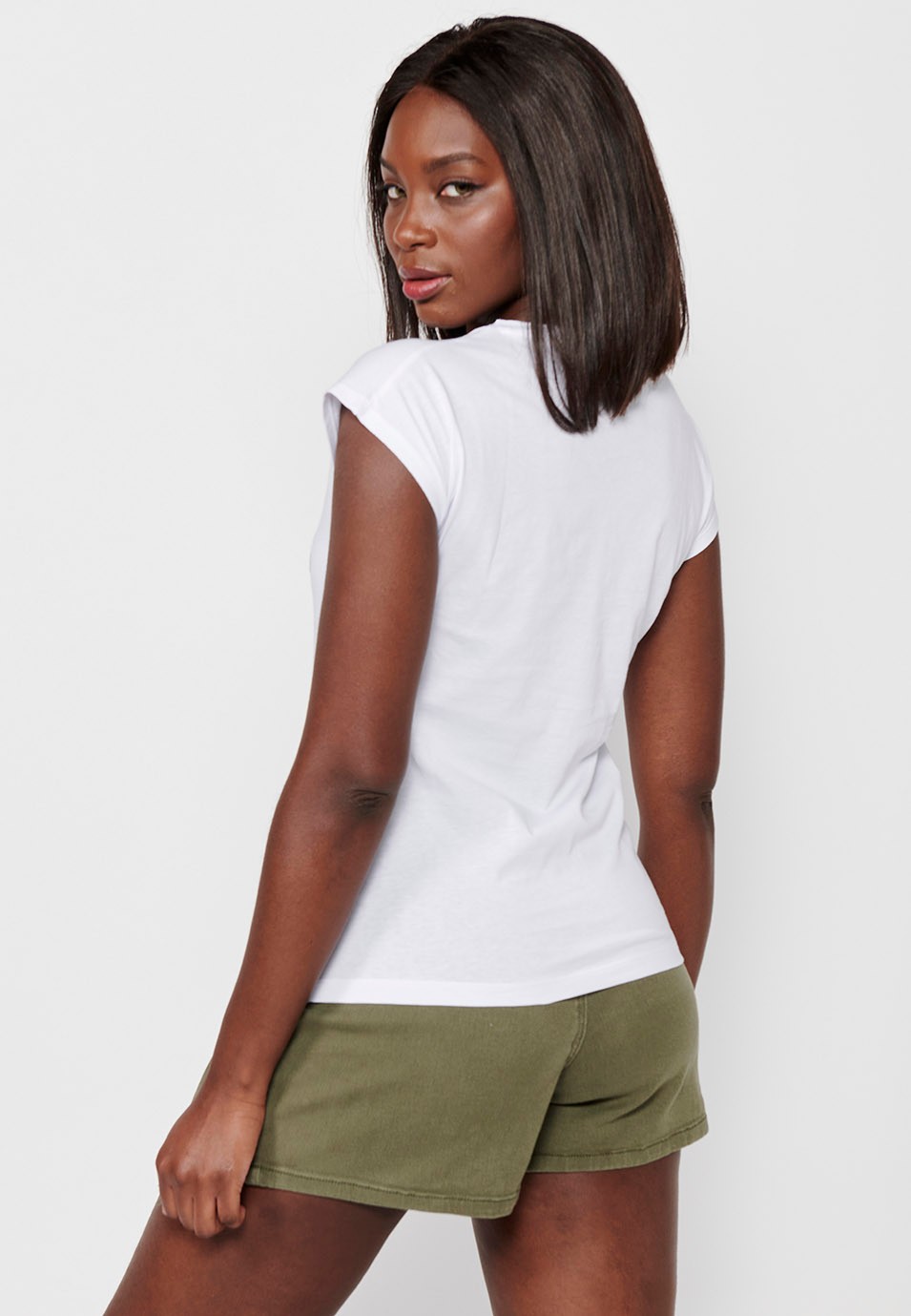 T-shirt en coton à manches courtes, col rond et imprimé blanc sur le devant pour femme