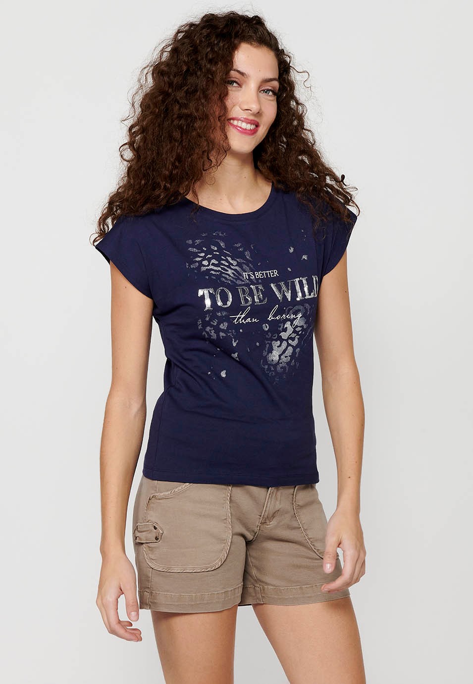 T-shirt à manches courtes avec col rond et imprimé sur le devant de couleur marine pour femme