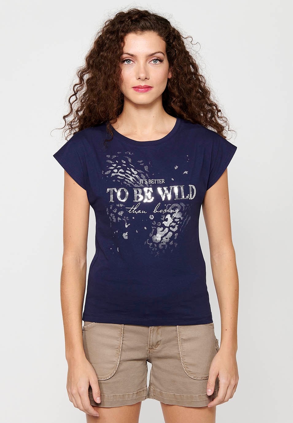 Short Sleeve T-shirt with Round Neck and Front Print in Navy Color for Women