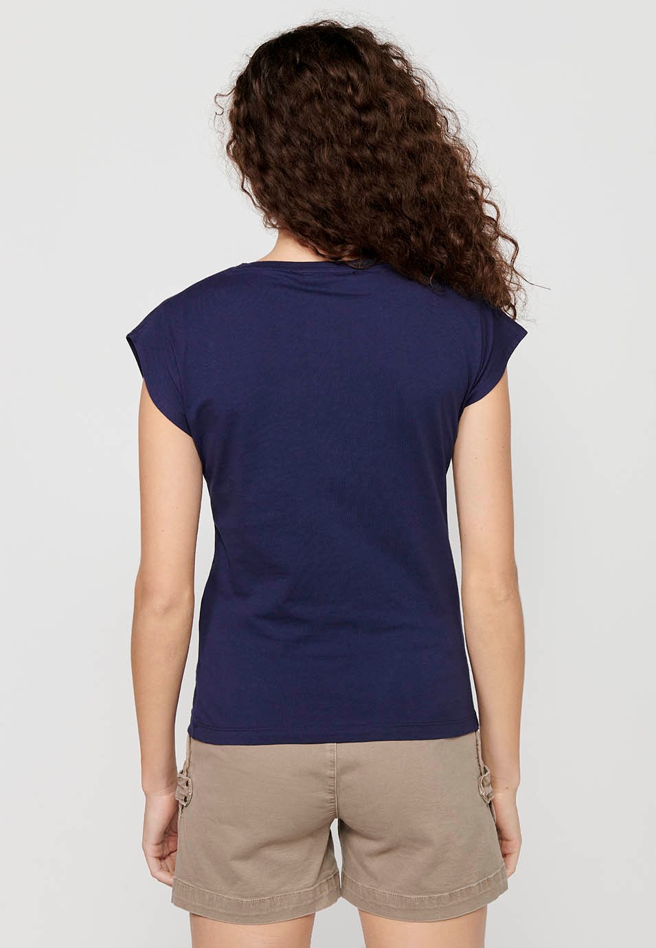 Short Sleeve T-shirt with Round Neck and Front Print in Navy Color for Women