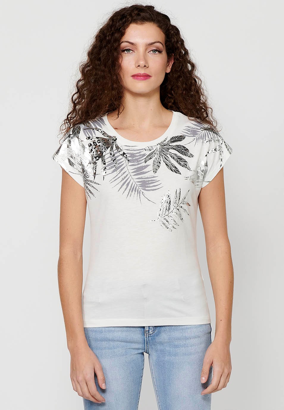 Weißes, kurzärmliges T-Shirt für Damen mit Rundhalsausschnitt und Frontaufdruck