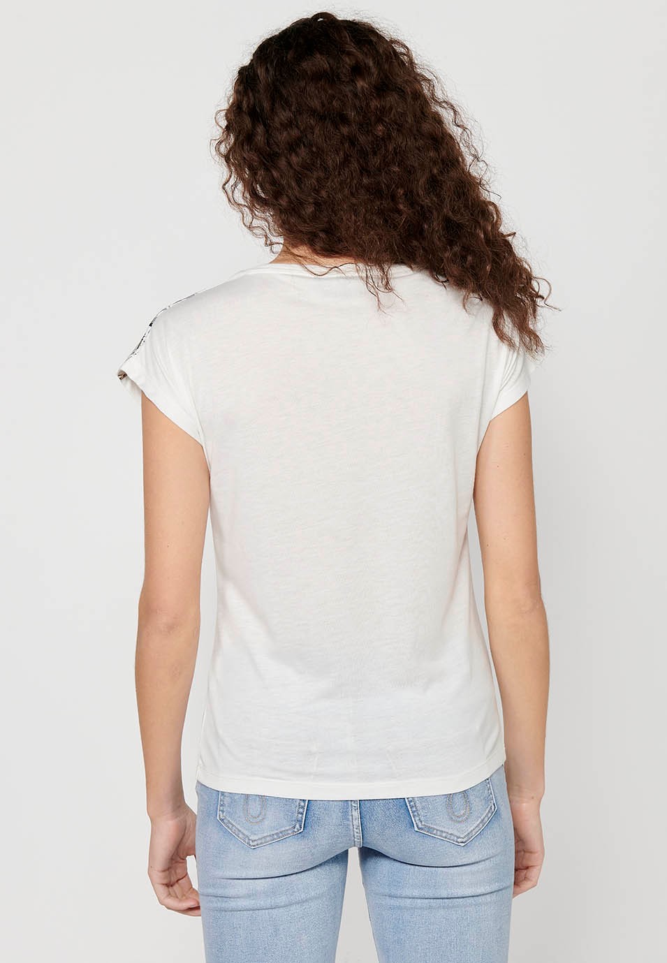 T-shirt à manches courtes et col rond pour femmes, couleur blanche, imprimé sur le devant