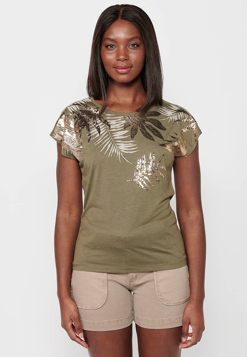 T-shirt à manches courtes et col rond pour femme, couleur kaki, imprimé sur le devant 4