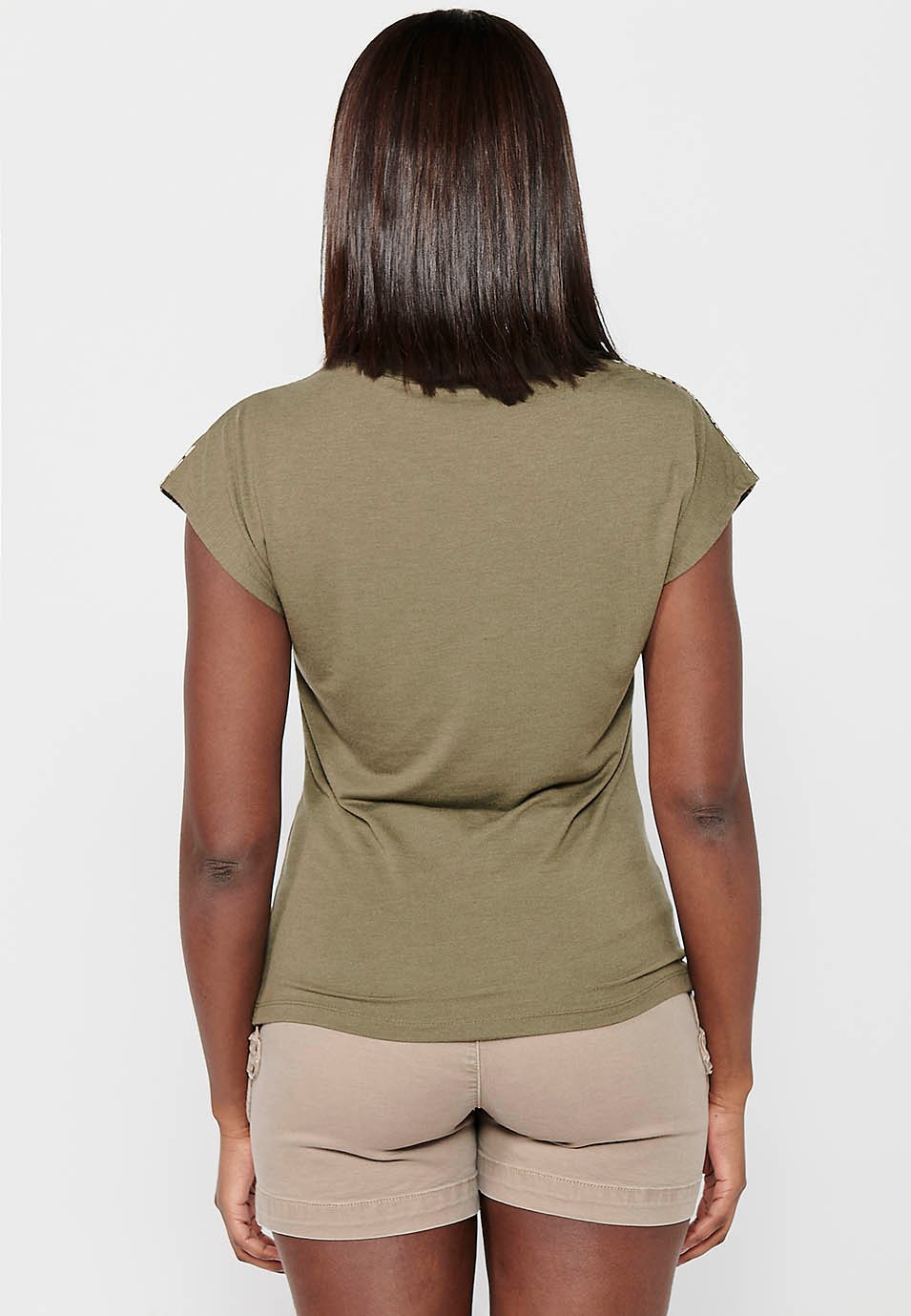 Damen-Kurzarm-T-Shirt mit khakifarbenem Frontprint und rundem Ausschnitt 5