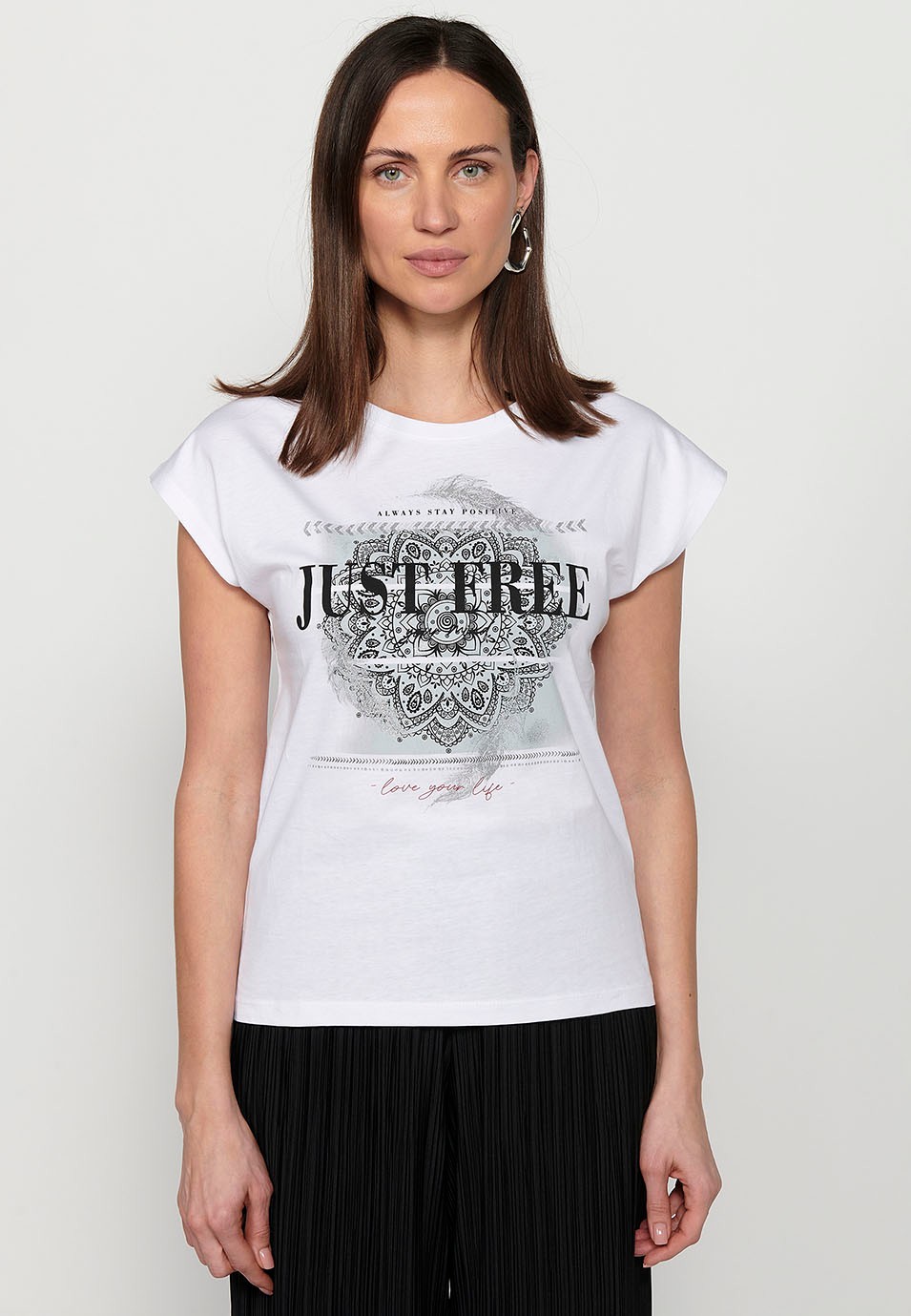 Short-sleeved T-shirt with round neck and front print in White for Women