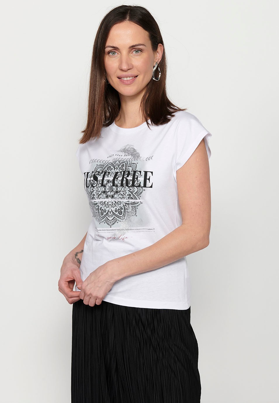 Short-sleeved T-shirt with round neck and front print in White for Women