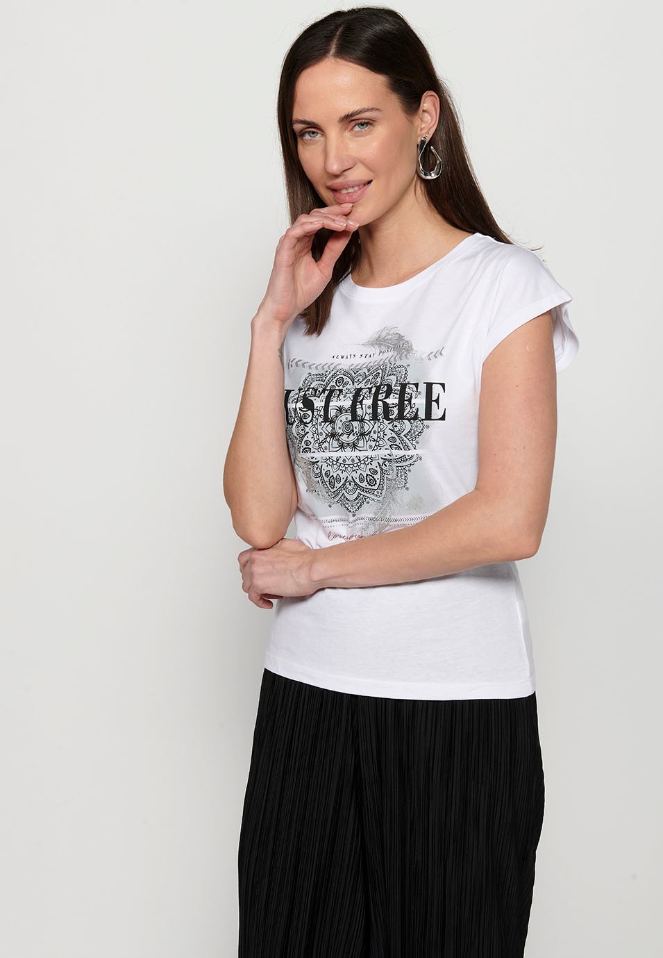 Kurzarm-T-Shirt mit Rundhalsausschnitt und Frontdruck in Weiß für Damen