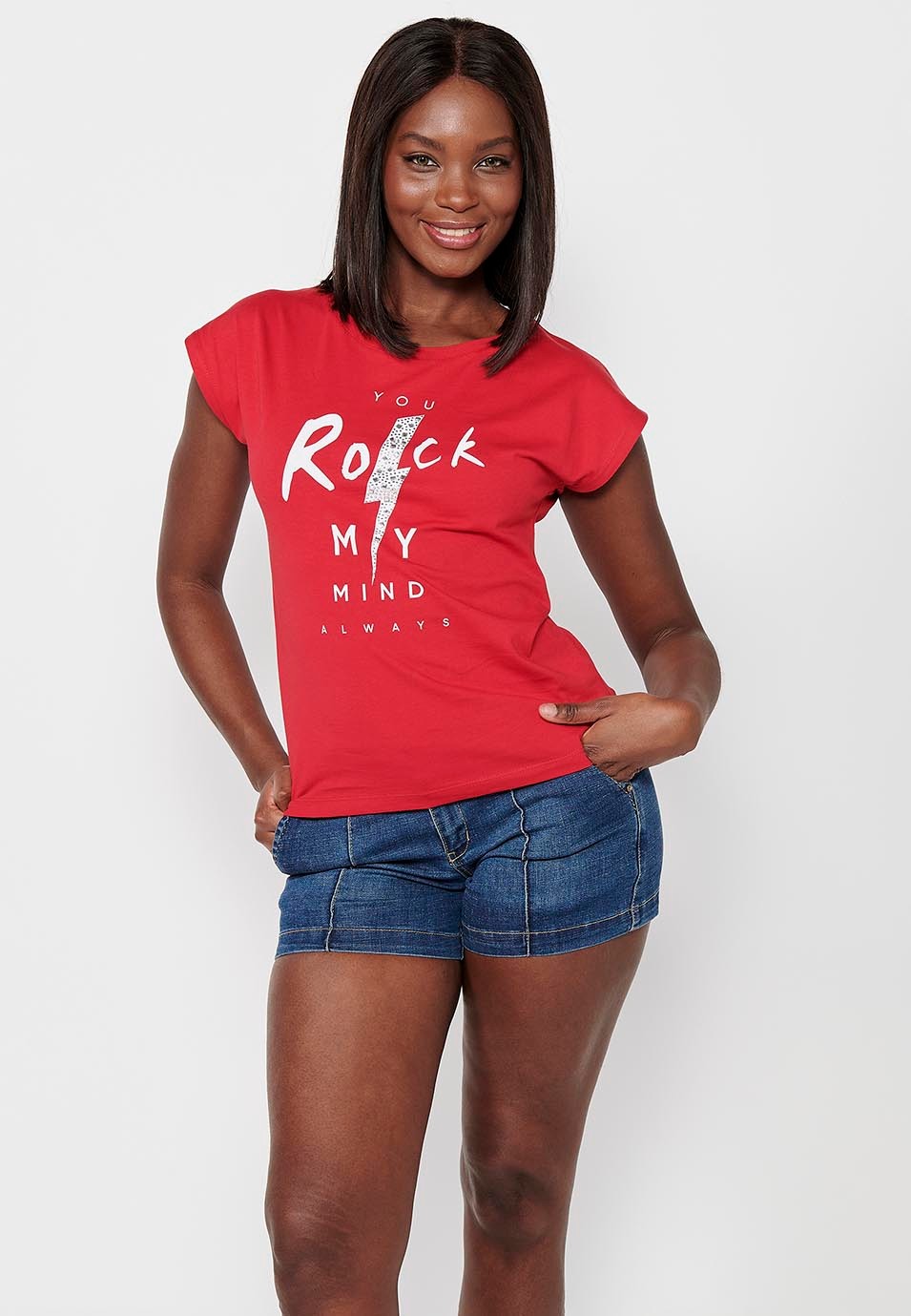 Kurzärmliges Baumwoll-T-Shirt mit Rundhalsausschnitt und rotem Frontdruck für Damen