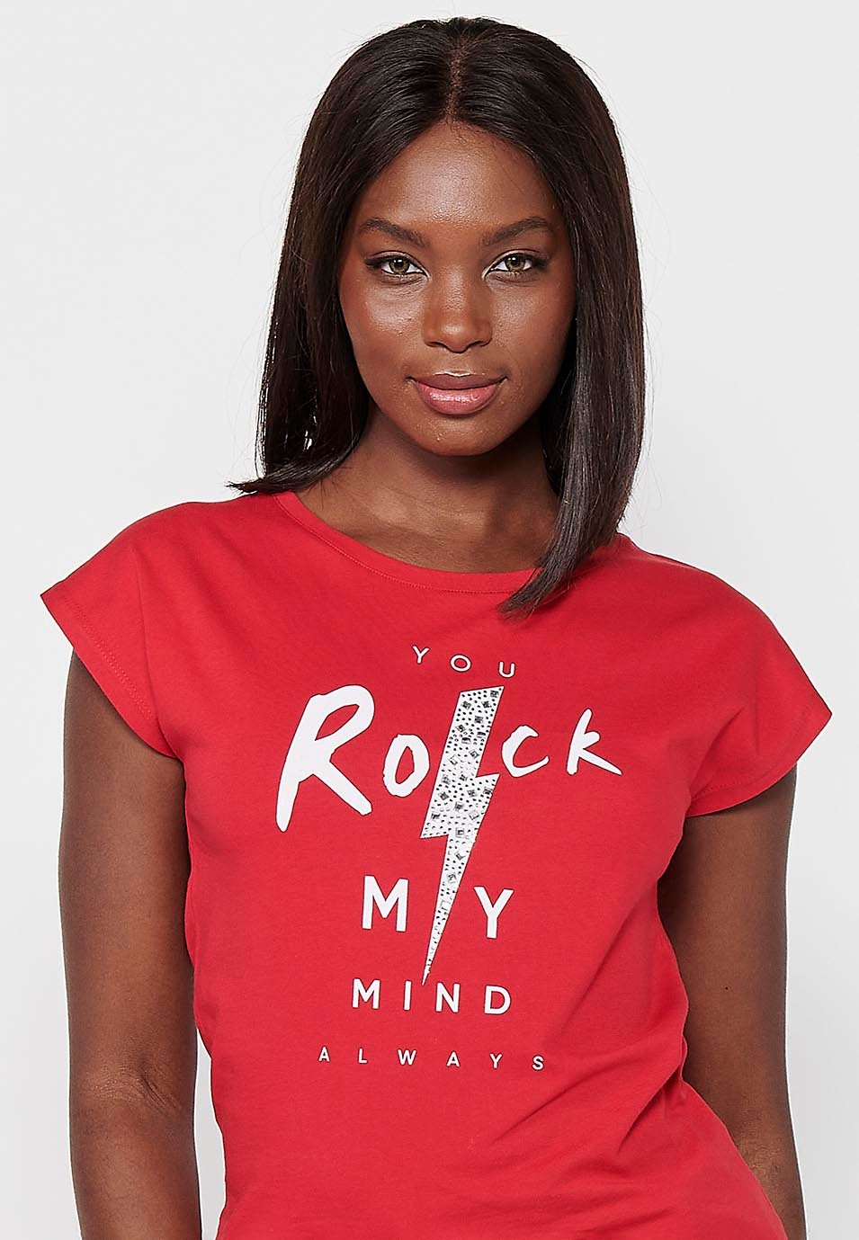 Kurzärmliges Baumwoll-T-Shirt mit Rundhalsausschnitt und rotem Frontdruck für Damen 5