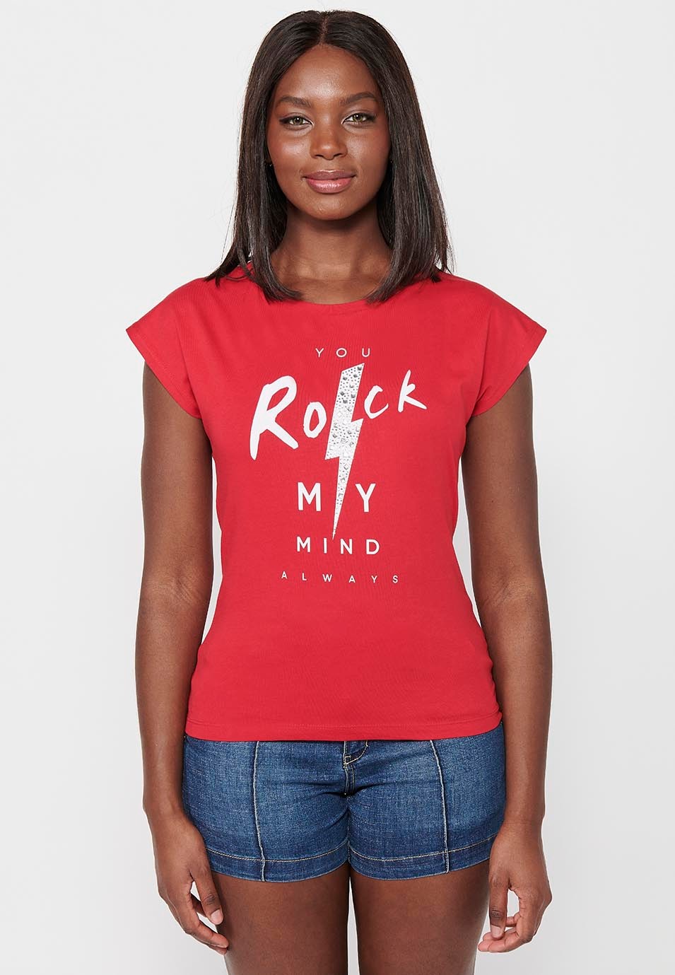 Kurzärmliges Baumwoll-T-Shirt mit Rundhalsausschnitt und rotem Frontdruck für Damen 1