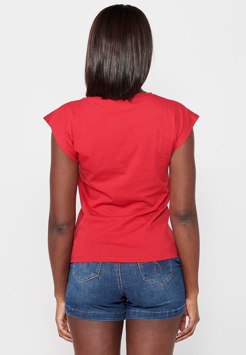 Kurzärmliges Baumwoll-T-Shirt mit Rundhalsausschnitt und rotem Frontdruck für Damen 6
