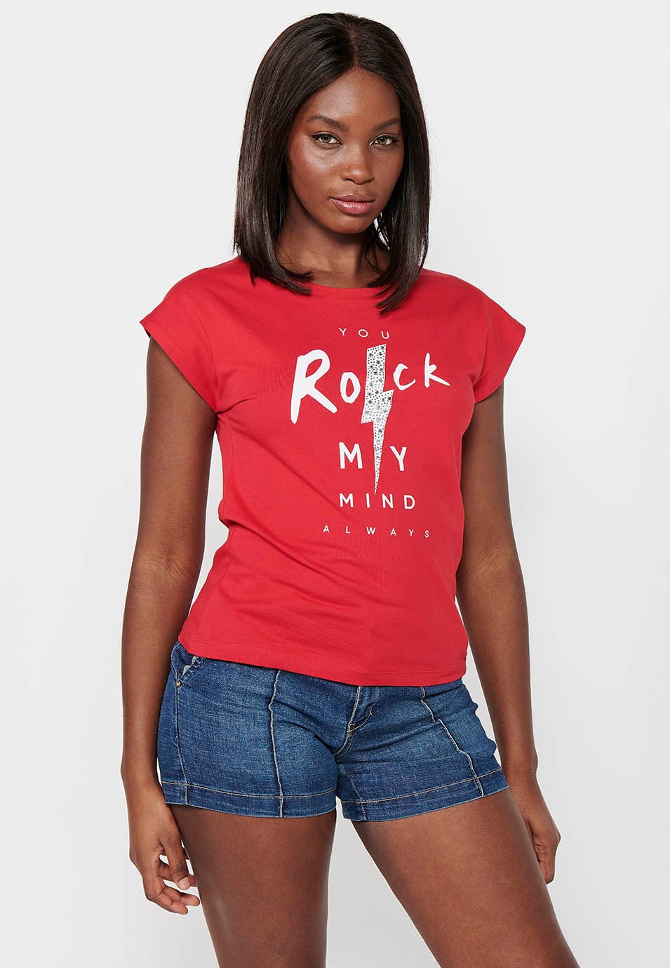 Kurzärmliges Baumwoll-T-Shirt mit Rundhalsausschnitt und rotem Frontdruck für Damen 4