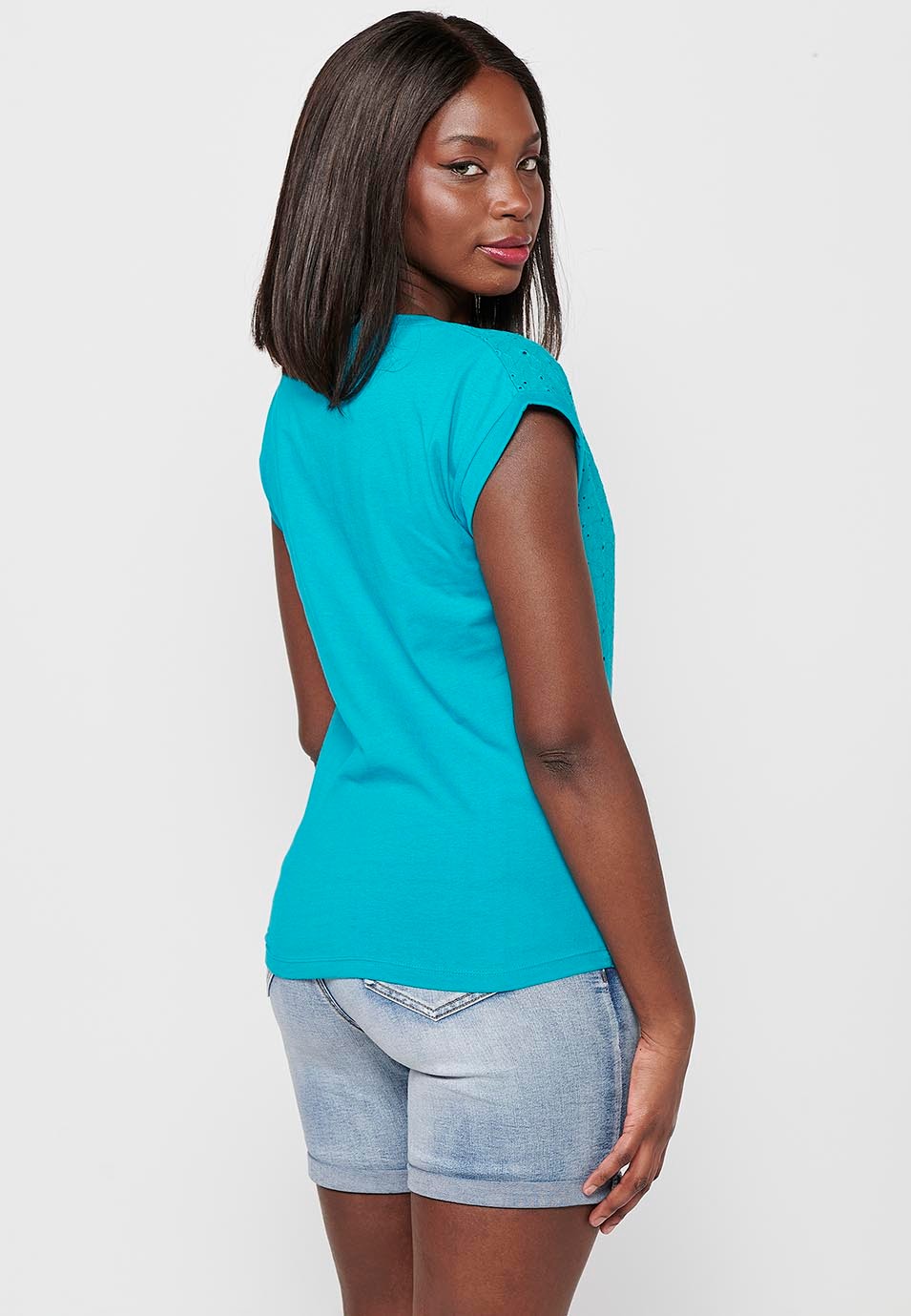 Aquamarine, kurzärmliges Damen-T-Shirt mit rundem Ausschnitt und Stickerei