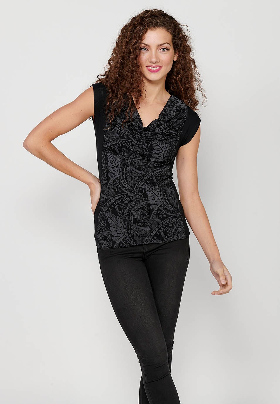 Schwarzes ärmelloses T-Shirt mit bedrucktem Vorderdetail und Rundhalsausschnitt für Damen