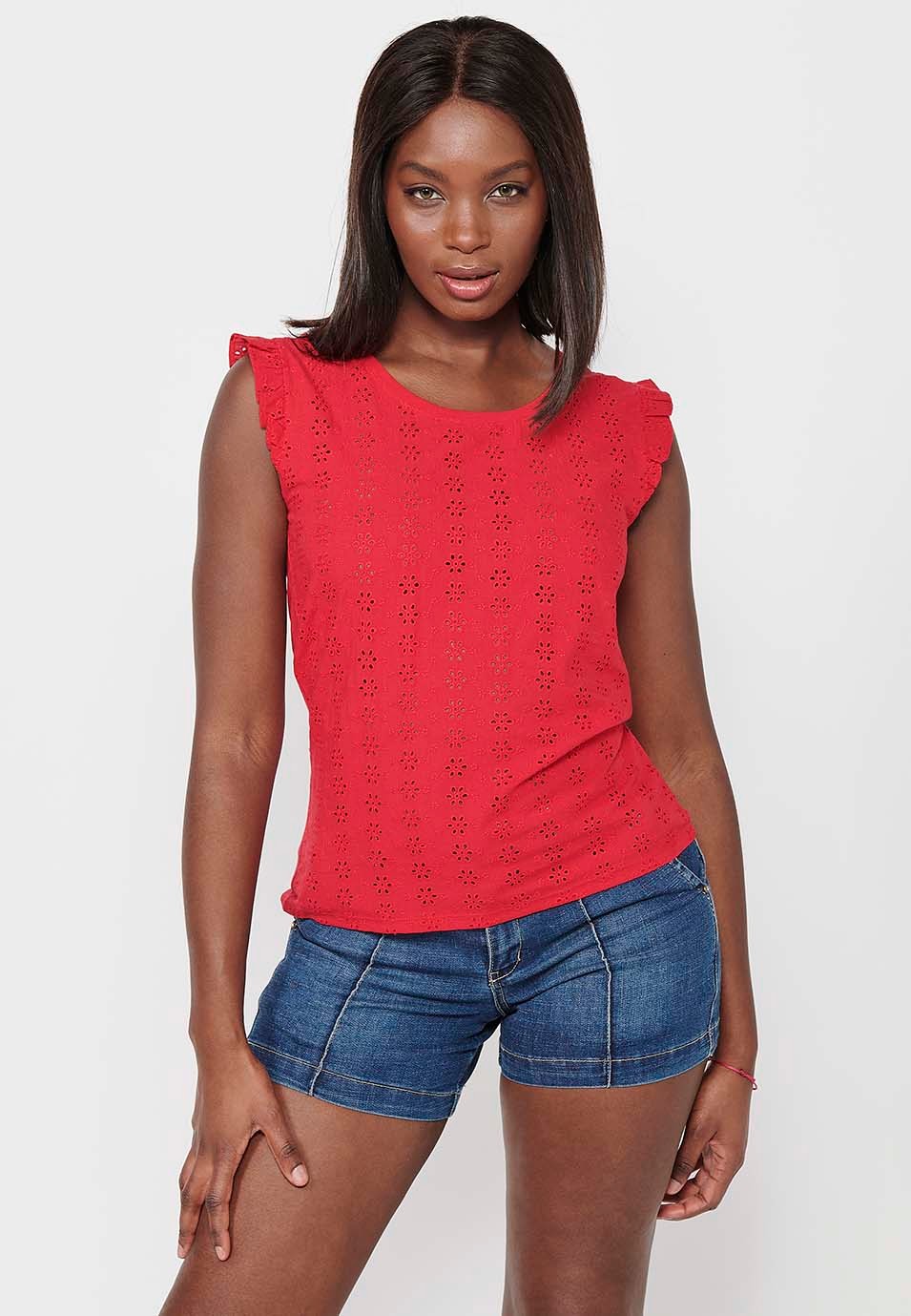 Short sleeve t-shirt, ruffle on the shoulders, red color for women