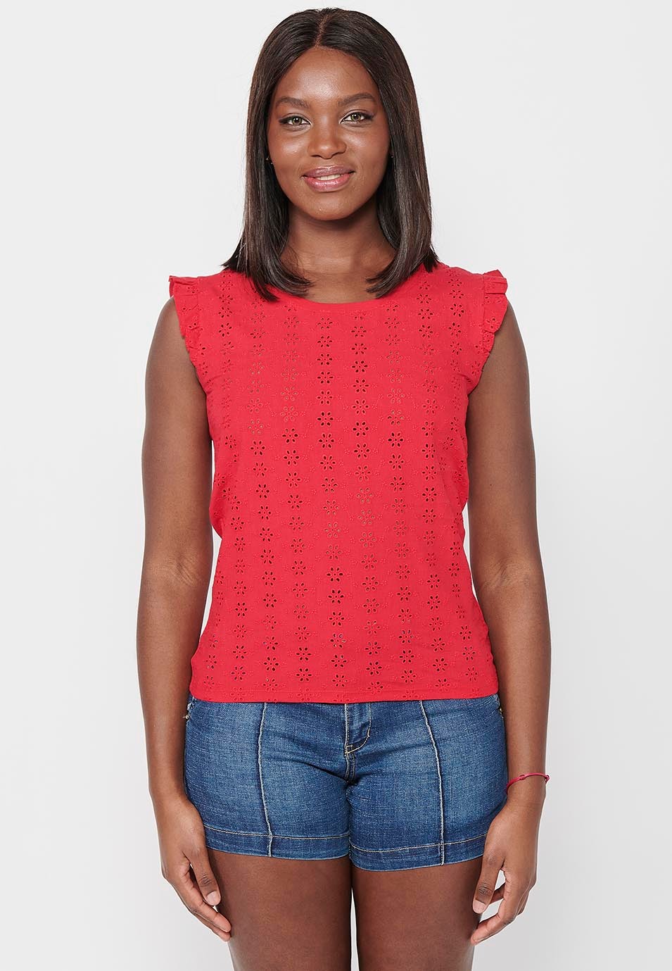 Camiseta de manga corta, volante en los hombros, color rojo para mujer