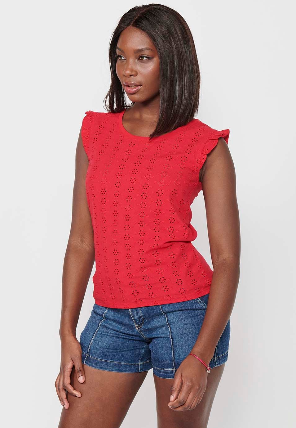 Short sleeve t-shirt, ruffle on the shoulders, red color for women