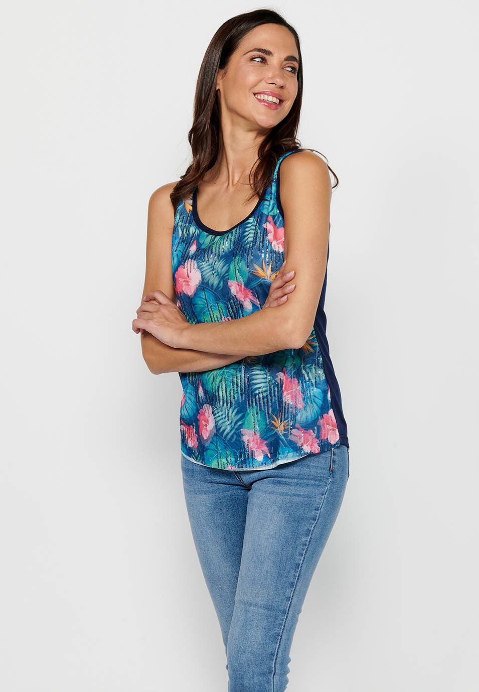 Navy Tank Top with Round Neckline and Floral Print and Front Sequins for Women
