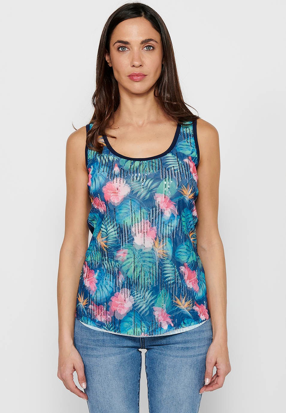 Navy Tank Top with Round Neckline and Floral Print and Front Sequins for Women 3