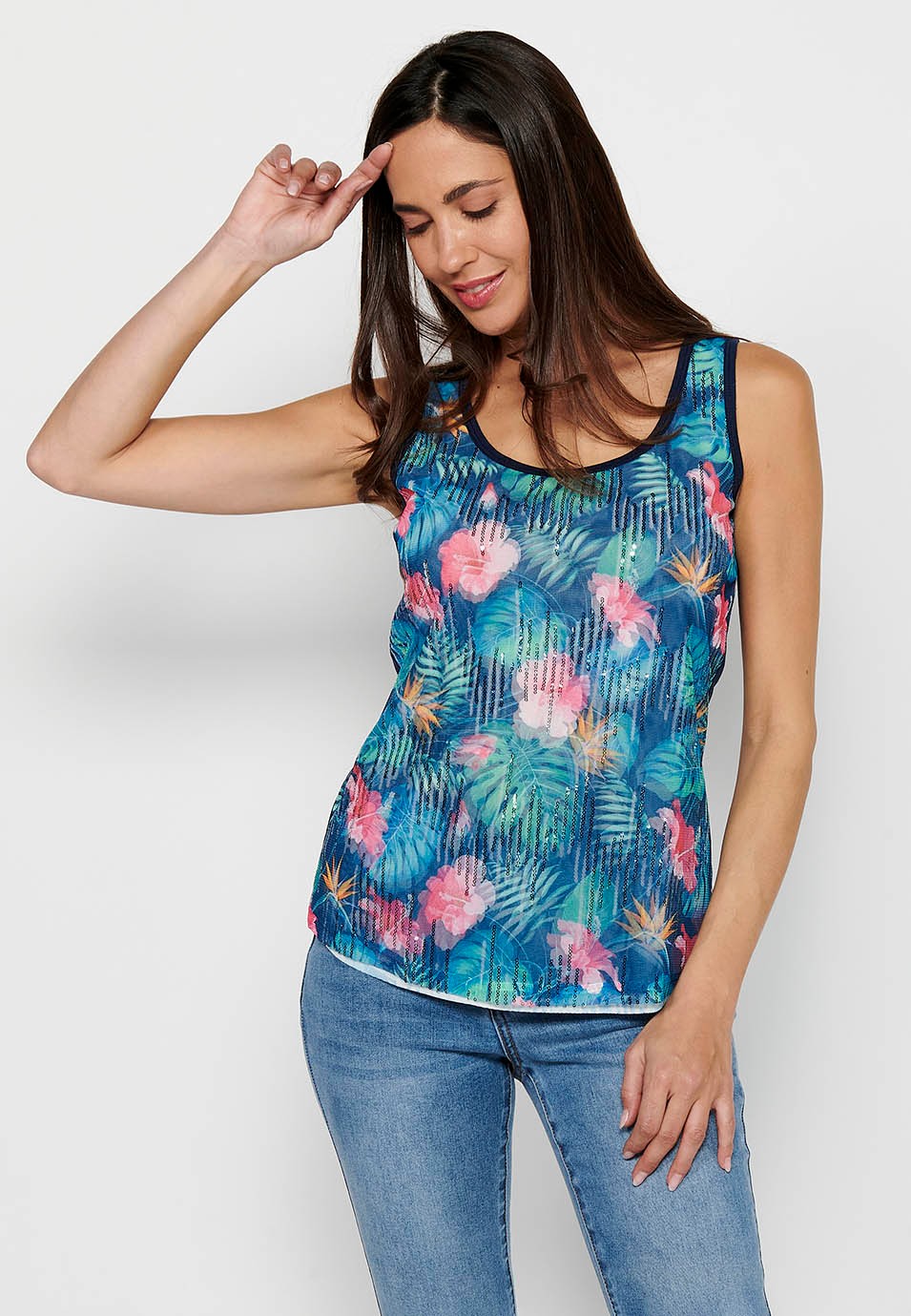 Marineblaues Tanktop mit rundem Ausschnitt, Blumendruck und Pailletten vorne für Damen 2