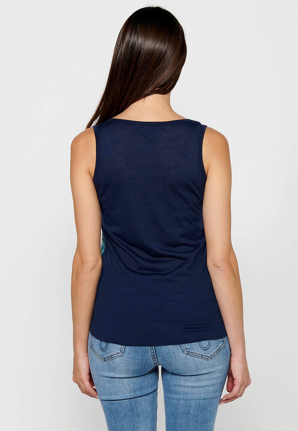 Navy Tank Top with Round Neckline and Floral Print and Front Sequins for Women 8