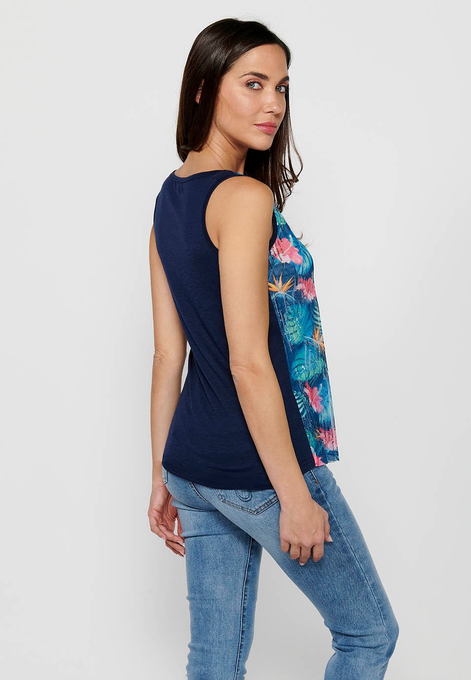 Marineblaues Tanktop mit rundem Ausschnitt, Blumendruck und Pailletten vorne für Damen 6