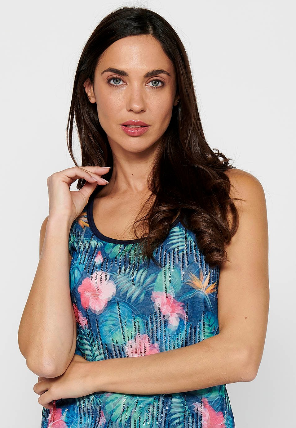 Camiseta de tirantes con Escote redondo y Estampado floral y lentejuelas delantero de Color Navy para Mujer 7