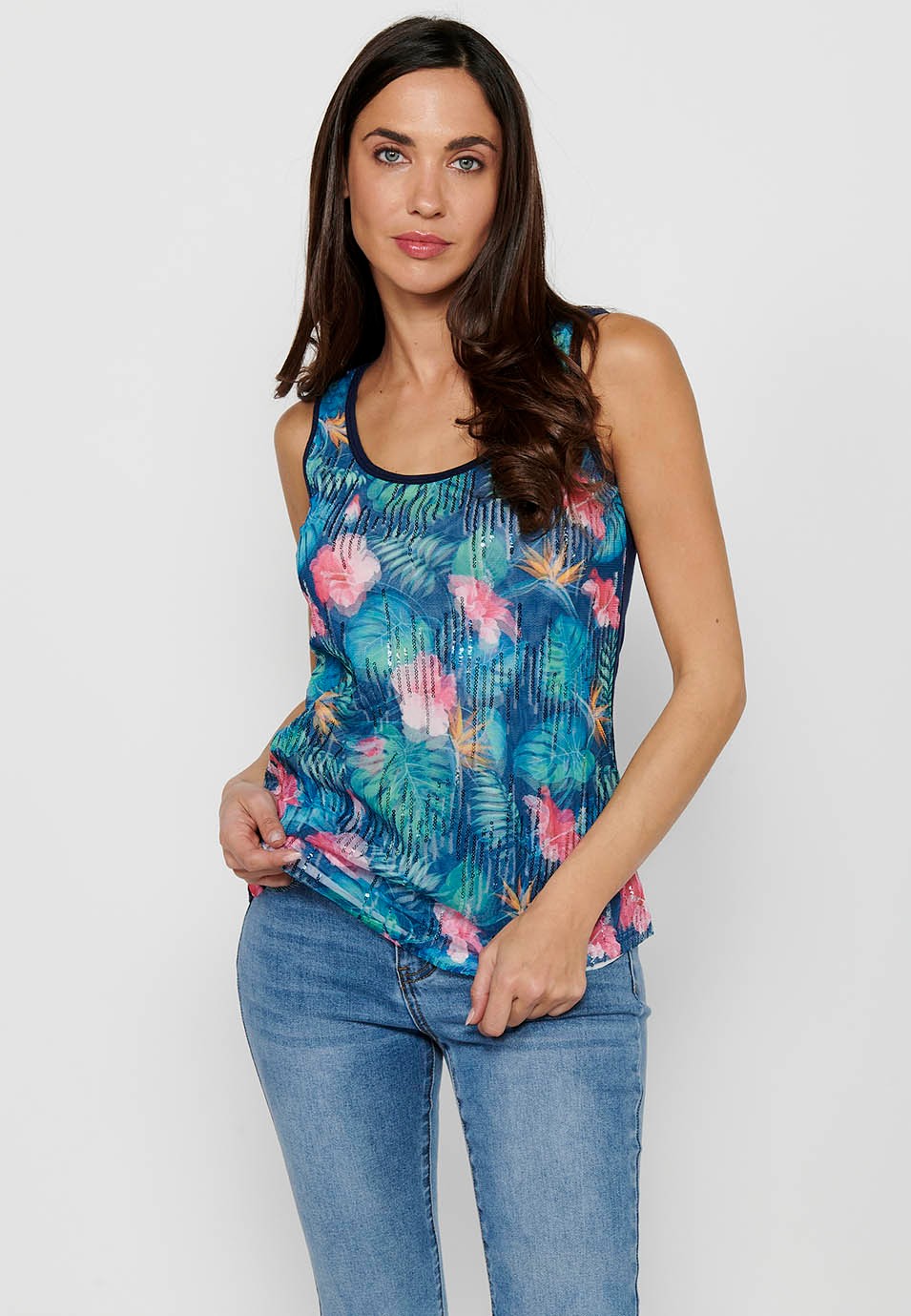 Navy Tank Top with Round Neckline and Floral Print and Front Sequins for Women 5