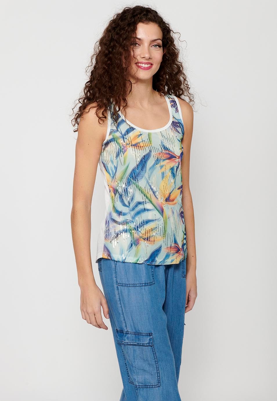 Camiseta de tirantes Top con Escote redondo y Estampado floral y lentejuelas delantero de Color Blanco para Mujer 3
