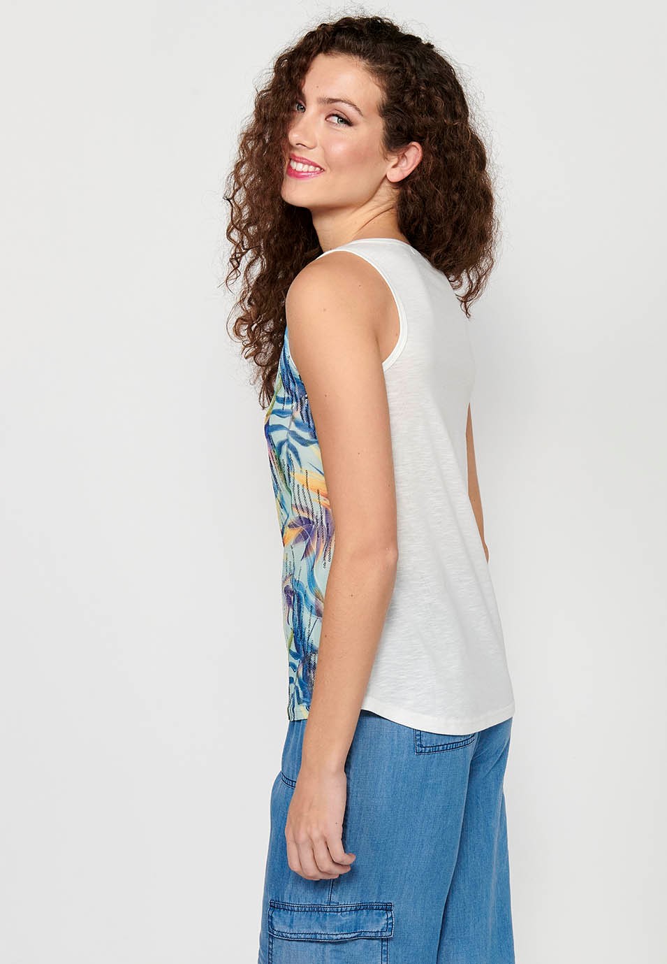 Tank Top with Round Neckline and Floral Print and Front Sequins in White for Women 8