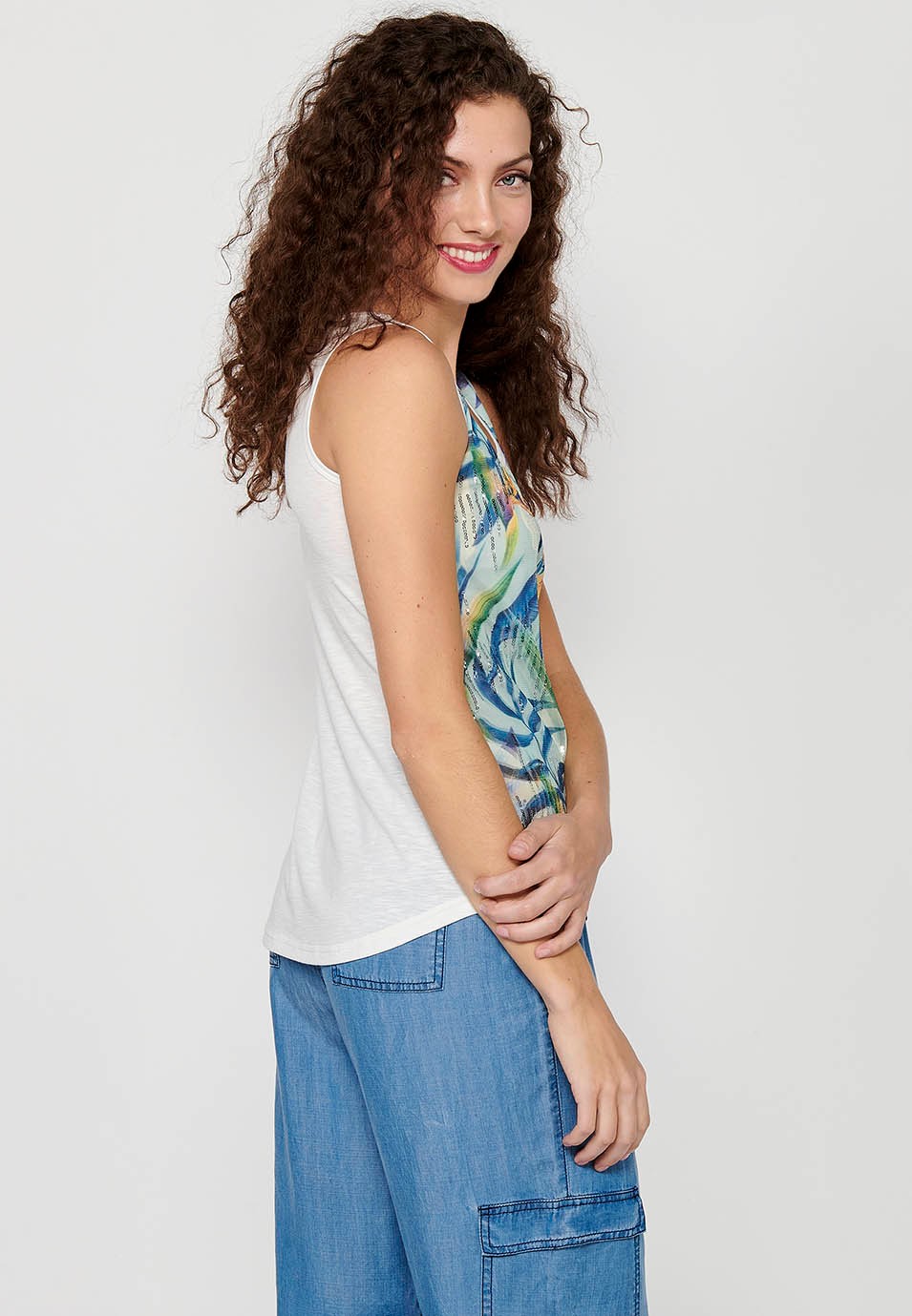 Tank Top with Round Neckline and Floral Print and Front Sequins in White for Women 5