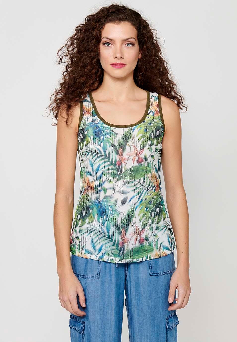 Khaki Tank Top with Round Neckline and Floral Print and Front Sequins for Women 2