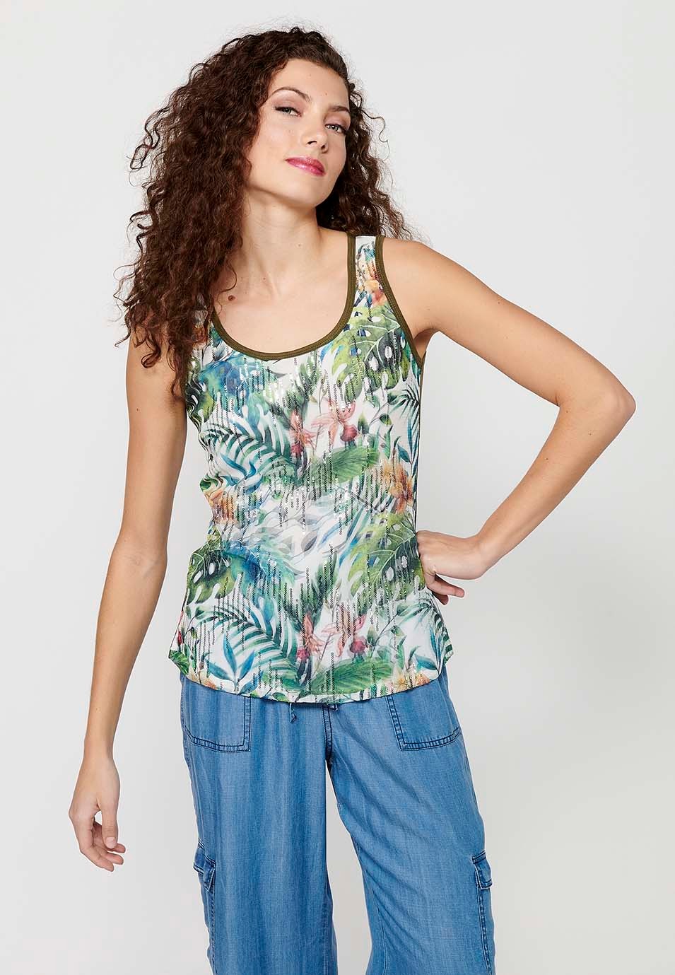 Khakifarbenes Tanktop mit rundem Ausschnitt, Blumendruck und Pailletten vorne für Damen 1