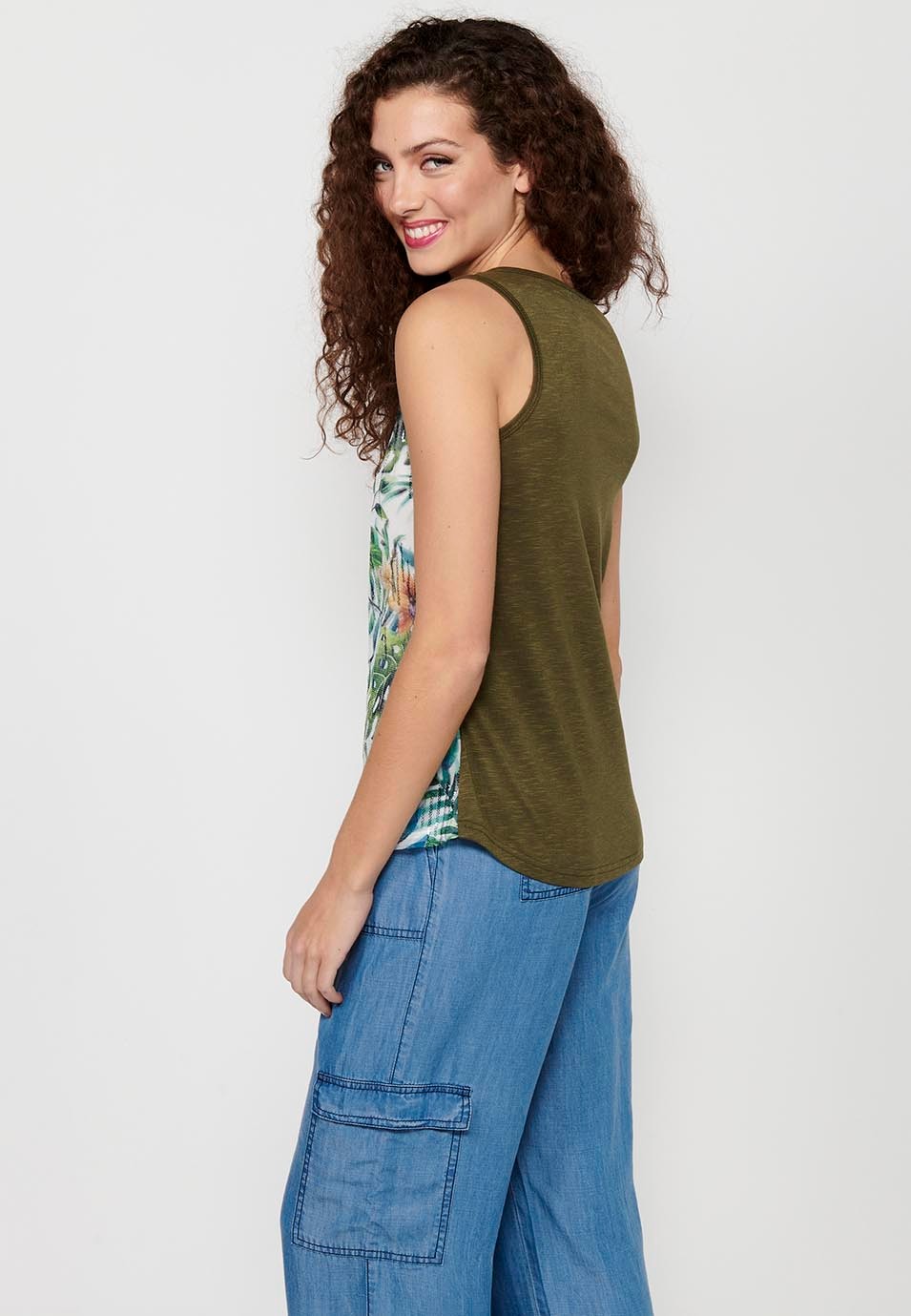 Khaki Tank Top with Round Neckline and Floral Print and Front Sequins for Women 7