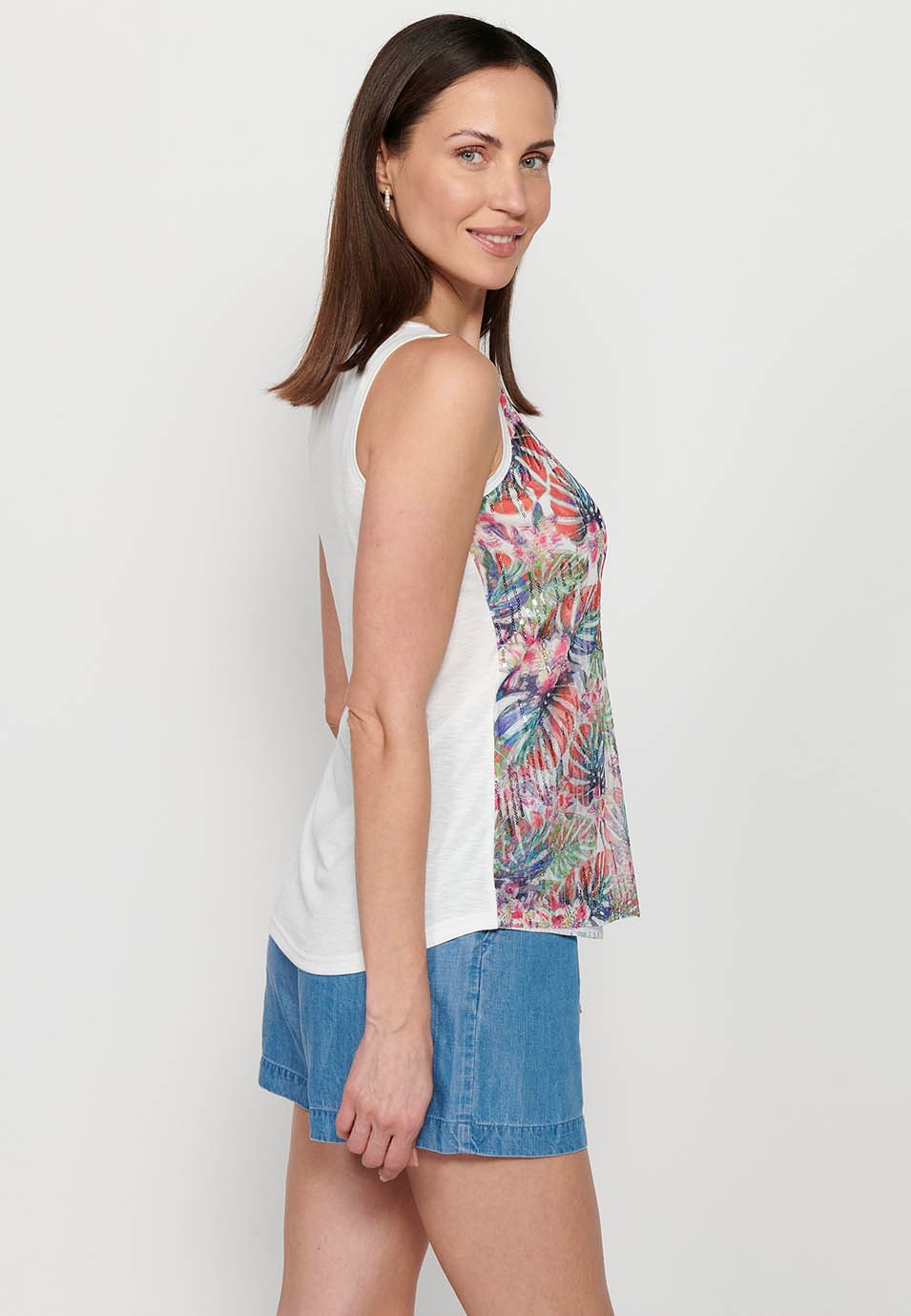 Camiseta de tirantes, escote redondo, estampado floral y lentejuelas, multicolor para mujer